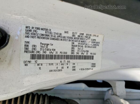 1FADP3K20HL248052 2017 FORD FOCUS White Vista de la etiqueta del VIN