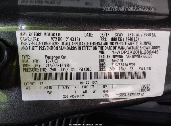 1FADP3K20HL286445 2017 FORD FOCUS Gray Вид підкапотного простору