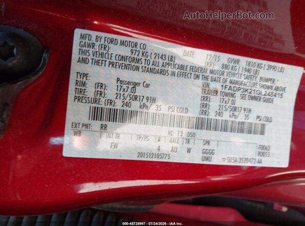 1FADP3K21GL248415 2016 FORD FOCUS Red Vista del compartimento del motor