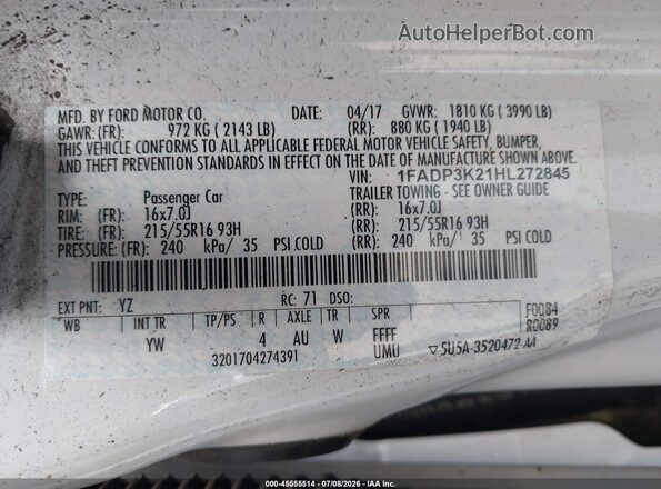 1FADP3K21HL272845 2017 FORD FOCUS White Շարժիչի բաժամունքի տեսք