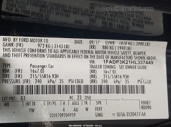 1FADP3K21HL337449 2017 FORD FOCUS Black Vista del compartimento del motor