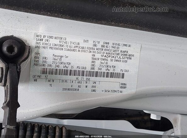 1FADP3K21JL327056 2018 FORD FOCUS White Widok komory silnika