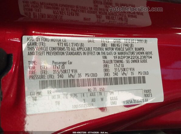 1FADP3K22GL238704 2016 FORD FOCUS Red ძრავის განყოფილების ხედი