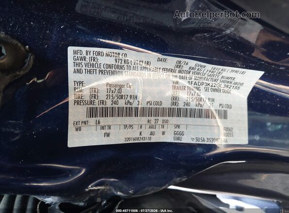 1FADP3K22GL382155 2016 FORD FOCUS Blue Engine compartment view
