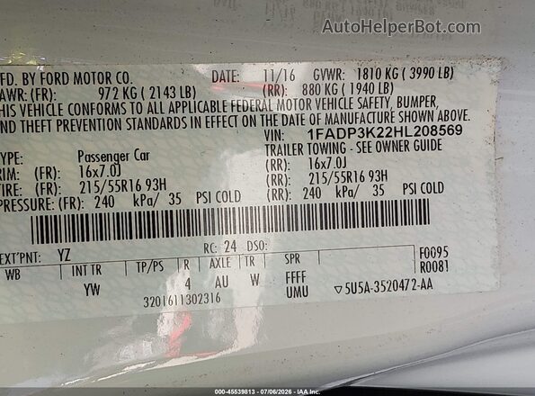 1FADP3K22HL208569 2017 FORD FOCUS Белый Вид подкапотного пространства