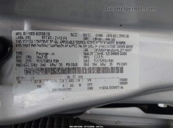 1FADP3K22HL271607 2017 FORD FOCUS Серебряный Вид подкапотного пространства