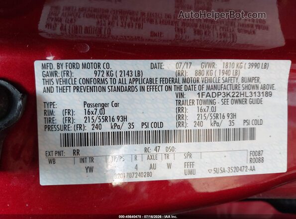 1FADP3K22HL313189 2017 FORD FOCUS Red Вид підкапотного простору