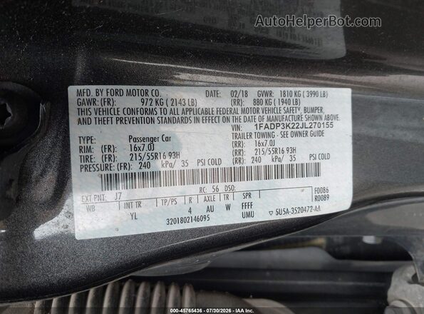 1FADP3K22JL270155 2018 FORD FOCUS Gray Engine compartment view