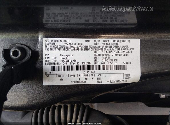 1FADP3K23JL212393 2018 FORD FOCUS Gray Vista del compartimento del motor