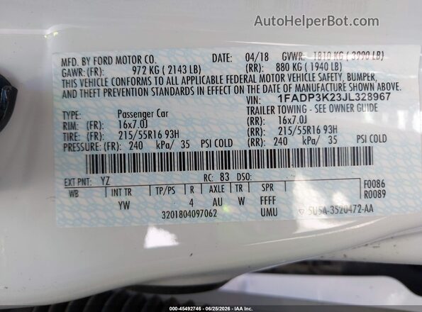 1FADP3K23JL328967 2018 FORD FOCUS White Շարժիչի բաժամունքի տեսք
