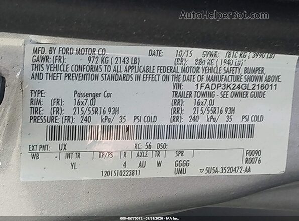 1FADP3K24GL216011 2016 FORD FOCUS Silver ძრავის განყოფილების ხედი