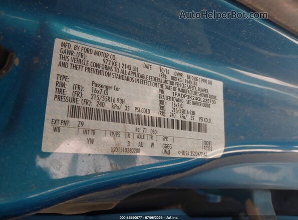 1FADP3K24GL225730 2016 FORD FOCUS Синий Вид подкапотного пространства
