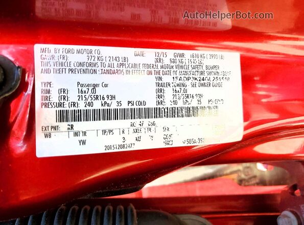 1FADP3K24GL251518 2016 FORD FOCUS Red VIN կոդի պիտակի տեսք