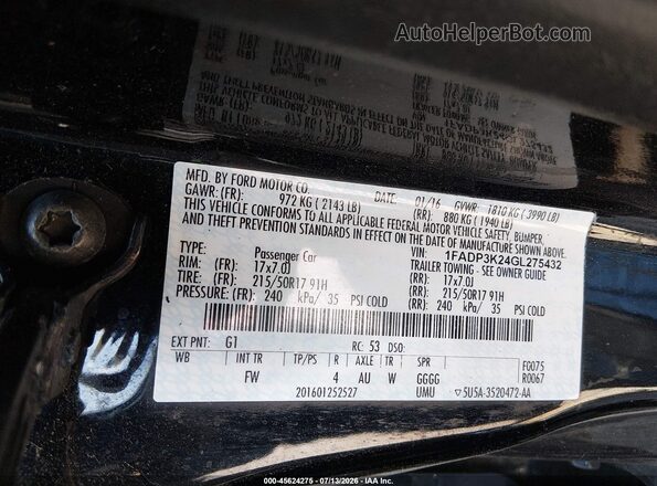 1FADP3K24GL275432 2016 FORD FOCUS Black Widok komory silnika