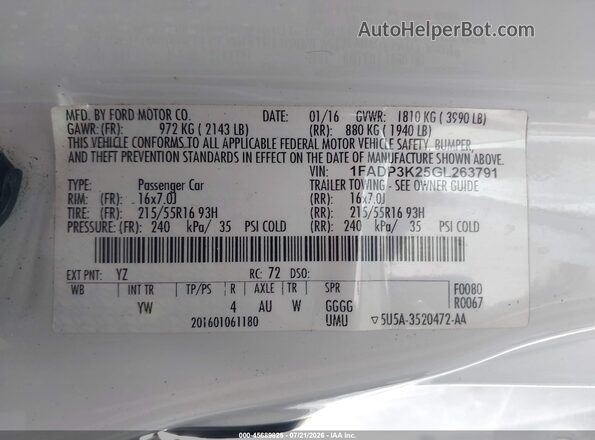 1FADP3K25GL263791 2016 FORD FOCUS White Engine compartment view