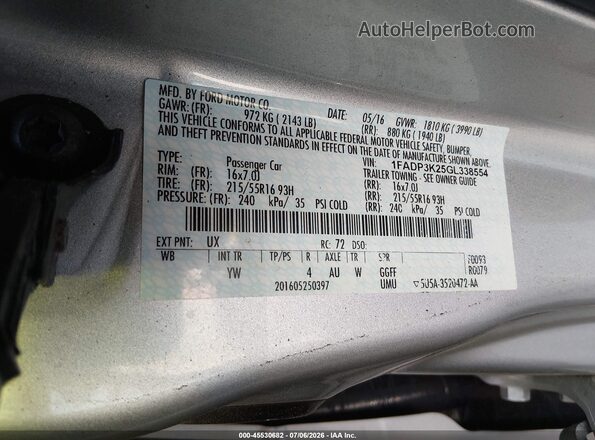 1FADP3K25GL338554 2016 FORD FOCUS Silver Շարժիչի բաժամունքի տեսք