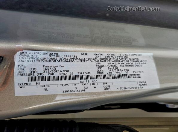 1FADP3K25GL347464 2016 FORD FOCUS Beige Vista del compartimento del motor