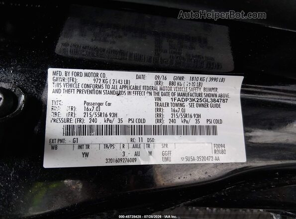 1FADP3K25GL384787 2016 FORD FOCUS Black Vista del compartimento del motor