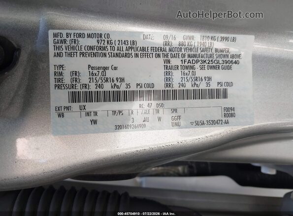 1FADP3K25GL390640 2016 FORD FOCUS Gray ძრავის განყოფილების ხედი