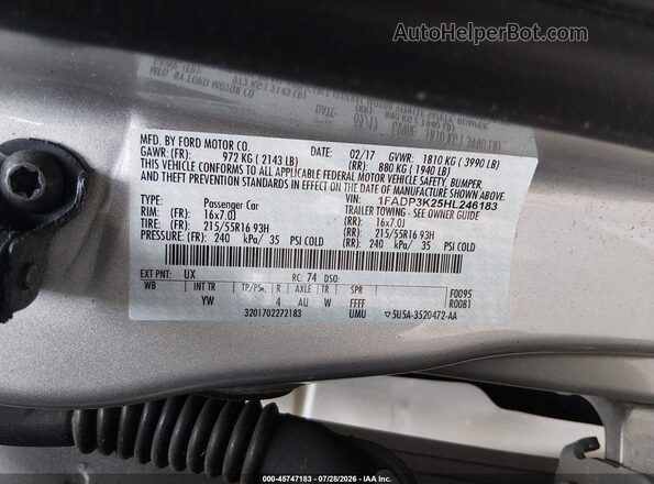 1FADP3K25HL246183 2017 FORD FOCUS Silver Вид підкапотного простору