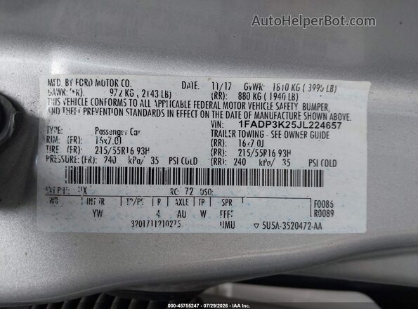 1FADP3K25JL224657 2018 FORD FOCUS Silver Widok komory silnika