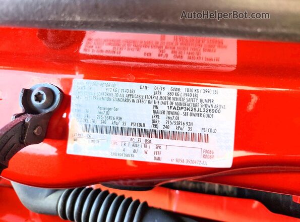 1FADP3K25JL326900 2018 FORD FOCUS Red Vista de la etiqueta del VIN