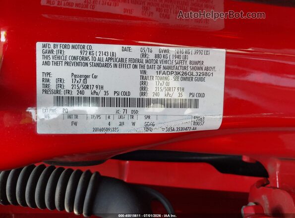 1FADP3K26GL329801 2016 FORD FOCUS Red Vista del compartimento del motor