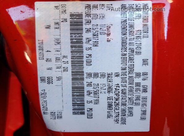 1FADP3K26GL376391 2016 FORD FOCUS Red VIN sticker view
