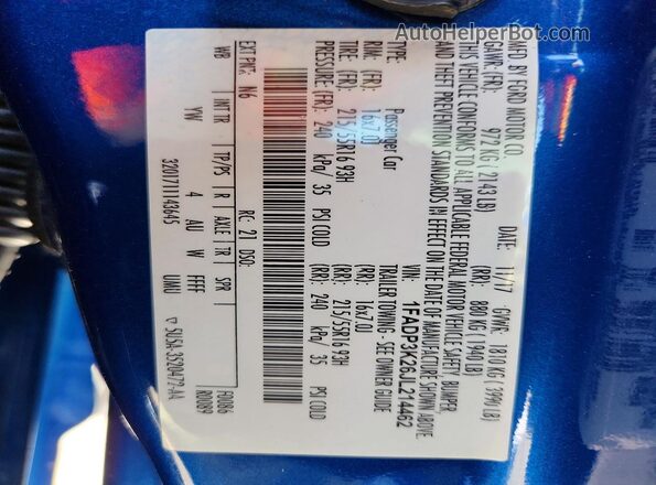 1FADP3K26JL214462 2018 FORD FOCUS Blue VIN კოდის სტიკერის ხედი