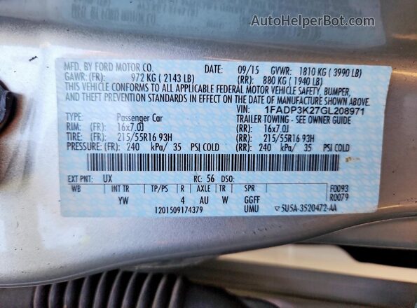 1FADP3K27GL208971 2016 FORD FOCUS Silver Вид підкапотного простору