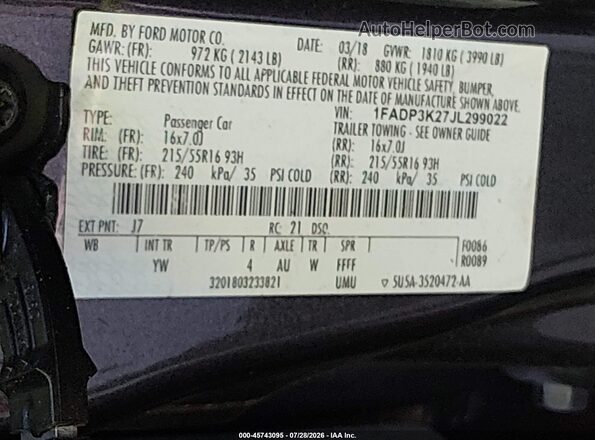 1FADP3K27JL299022 2018 FORD FOCUS Серый Вид подкапотного пространства