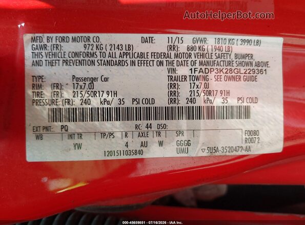 1FADP3K28GL229361 2016 FORD FOCUS Красный Вид подкапотного пространства