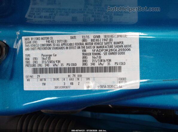 1FADP3K28GL255006 2016 FORD FOCUS Blue ძრავის განყოფილების ხედი