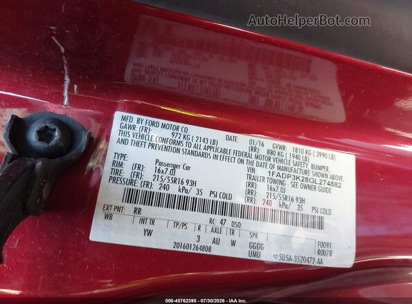 1FADP3K28GL274882 2016 FORD FOCUS Red Вид підкапотного простору