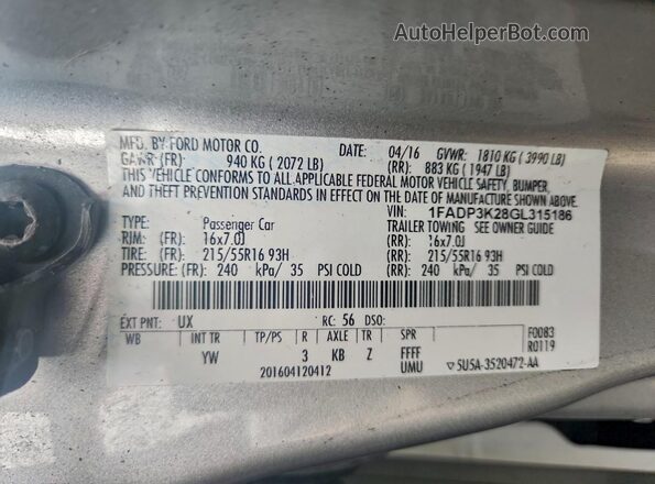 1FADP3K28GL315186 2016 FORD FOCUS Silver VIN კოდის სტიკერის ხედი