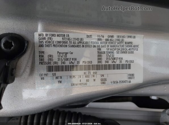 1FADP3K28GL407012 2016 FORD FOCUS Silver ძრავის განყოფილების ხედი