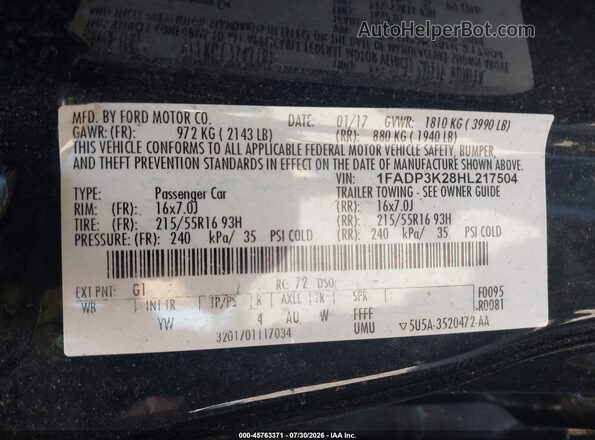 1FADP3K28HL217504 2017 FORD FOCUS Black Շարժիչի բաժամունքի տեսք