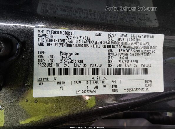 1FADP3K28HL232195 2017 FORD FOCUS Gray Vista del compartimento del motor