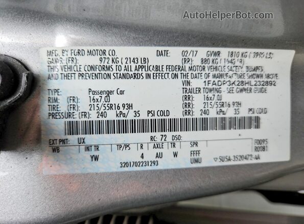 1FADP3K28HL232892 2017 FORD FOCUS Silver Շարժիչի բաժամունքի տեսք