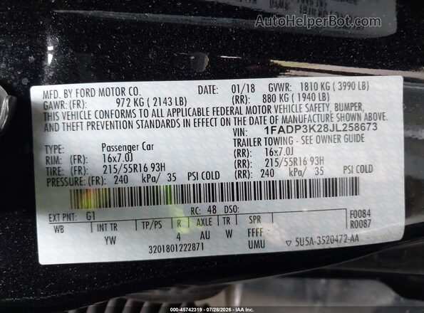 1FADP3K28JL258673 2018 FORD FOCUS Black ძრავის განყოფილების ხედი