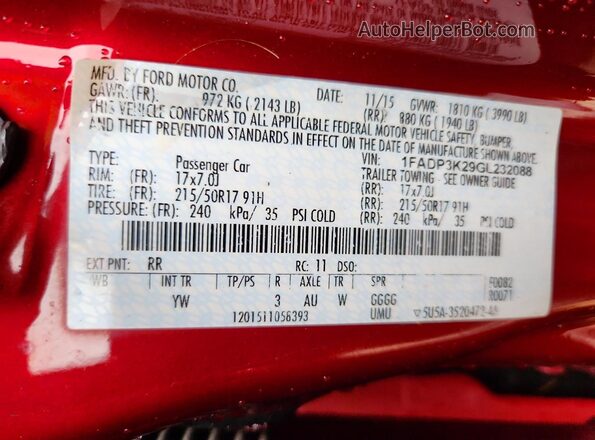 1FADP3K29GL232088 2016 FORD FOCUS Red Widok komory silnika