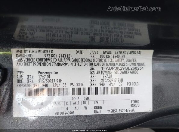 1FADP3K29GL268251 2016 FORD FOCUS Gray Vista del compartimento del motor