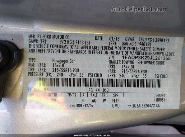 1FADP3K29JL261355 2018 FORD FOCUS Silver Вид підкапотного простору