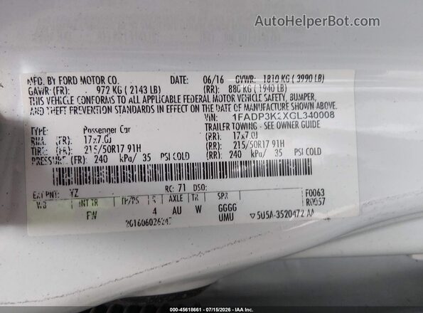 1FADP3K2XGL340008 2016 FORD FOCUS Белый Вид подкапотного пространства