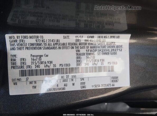 1FADP3K2XHL282712 2017 FORD FOCUS Gray Widok komory silnika