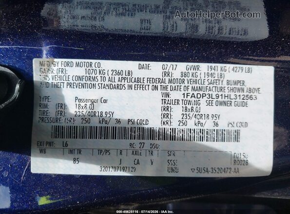 1FADP3L91HL312563 2017 FORD FOCUS ST Blue Vista del compartimento del motor
