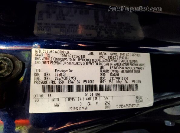 1FADP3L92GL279961 2016 FORD FOCUS Blue Вид наклейки з VIN-кодом