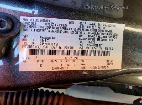 1FADP3L93HL306554 2017 FORD FOCUS Gray Widok naklejki z numerem VIN