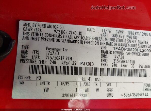 1FADP3M20HL209085 2017 FORD FOCUS Red Вид підкапотного простору