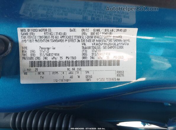 1FADP3N20GL211478 2016 FORD FOCUS Blue Vista del compartimento del motor